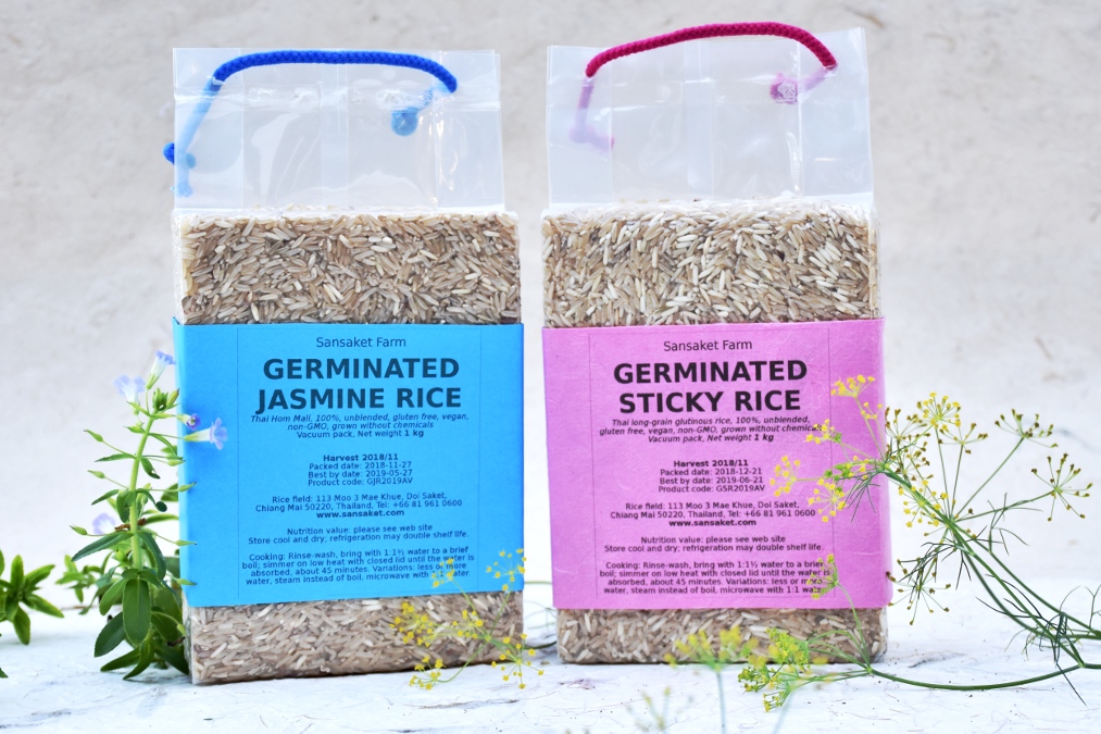 Germinated Thai Jasmine Brown Rice and Germinated Sticky Brown Rice in a vacuum pack of 1 kilogram